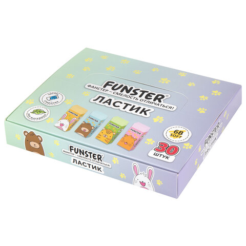 Ластик FUNSTER (ФАНСТЕР) «ANIMALS», 50×24х10 мм, прямоугольный, картонный держатель, экологичный ПВХ, ассорти