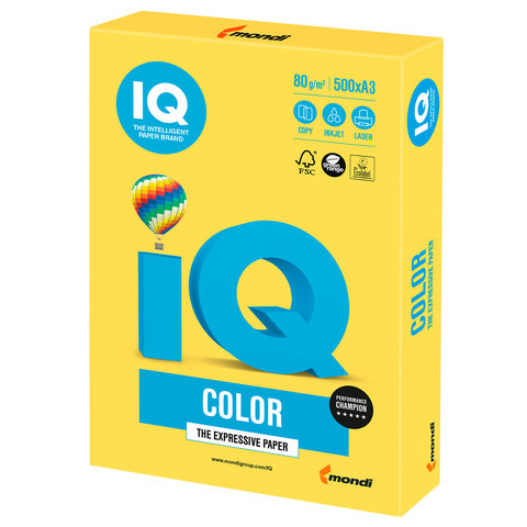 превью Бумага цветная для офисной техники IQ Color (А3, 80 г/кв.м, CY39-канареечно-желтый, 500 листов)