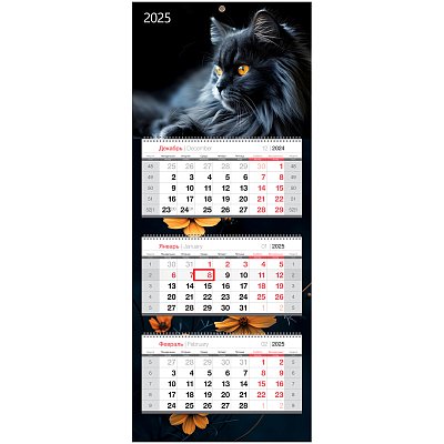 Календарь квартальный 3 бл. на 3 гр. BG Premium «Черный кот», с бегунком, 2025г. 