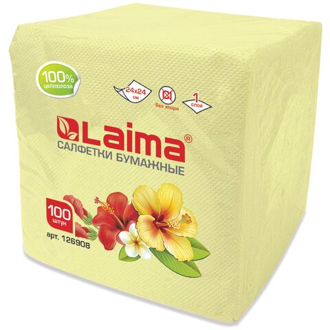 превью Салфетки ЛАЙМА, 24×24 см, 100 шт., жёлтые (пастель), 100% целлюлоза