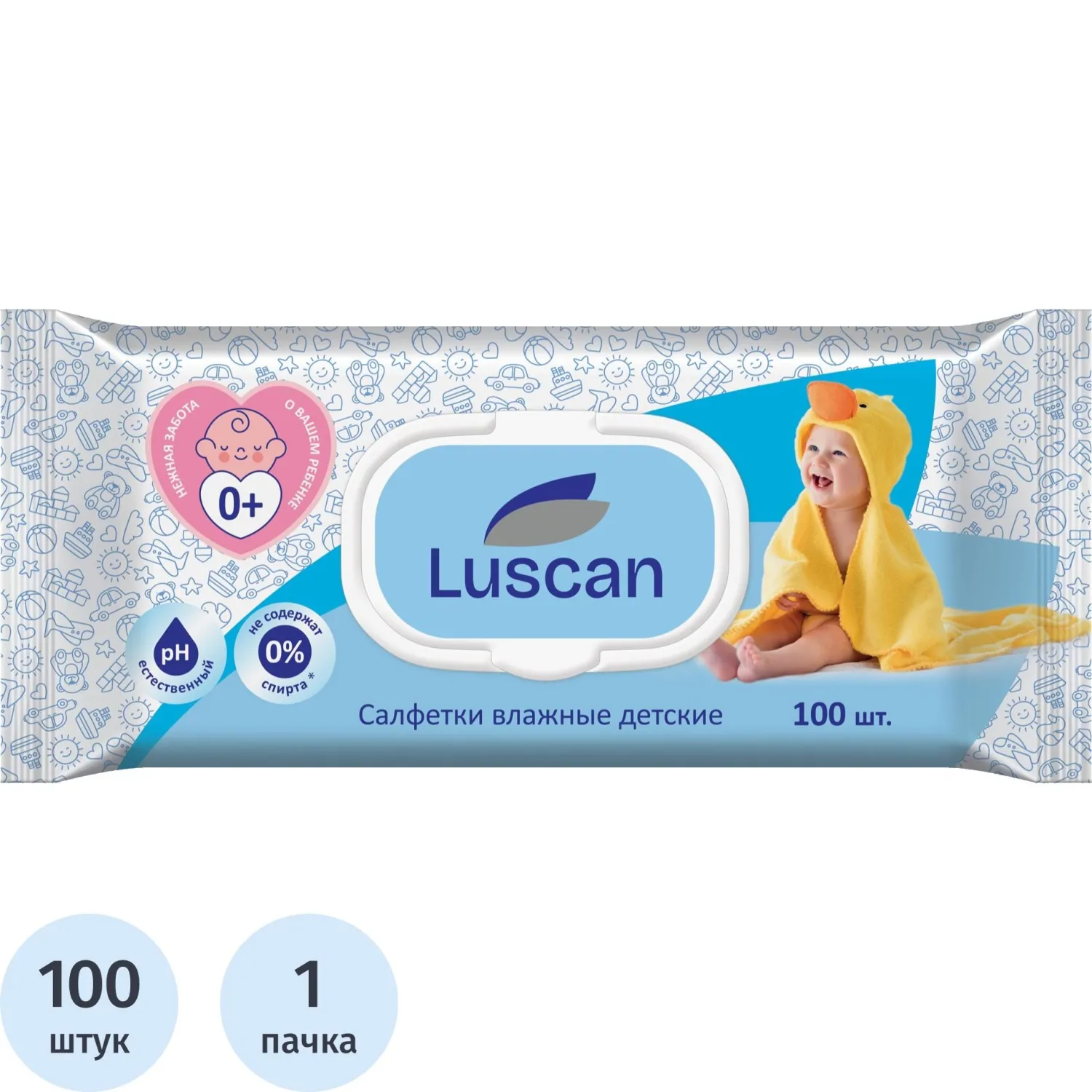 превью Салфетки влажные Luscan детские флоупак с жёстким клапаном (100 листов в пачке)