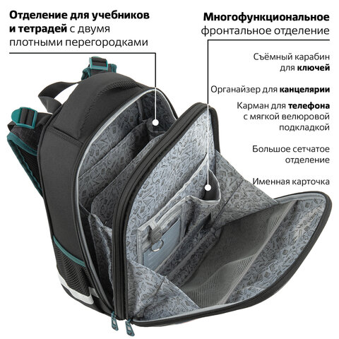 Ранец BRAUBERG PREMIUM, 2 отделения, с брелком, «Space mission», LED ЛАМПОЧКИ, 38×29х16 см