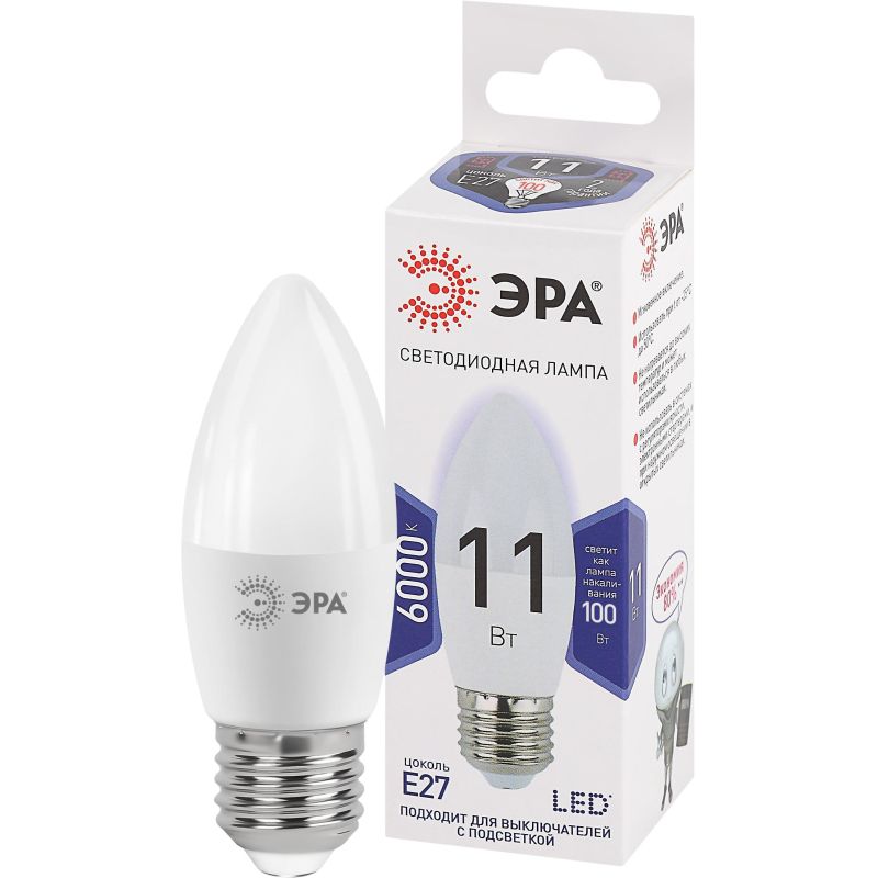 Лампа светодиодная ЭРА STD LED B35-11W-860-E27 E27 / Е27 11Вт холодный свет