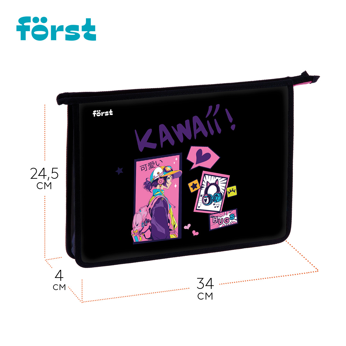 Папка для тетрадей 1 отделение, А4 Först «Kawaii», 340×245×40 мм, пластик, на молнии