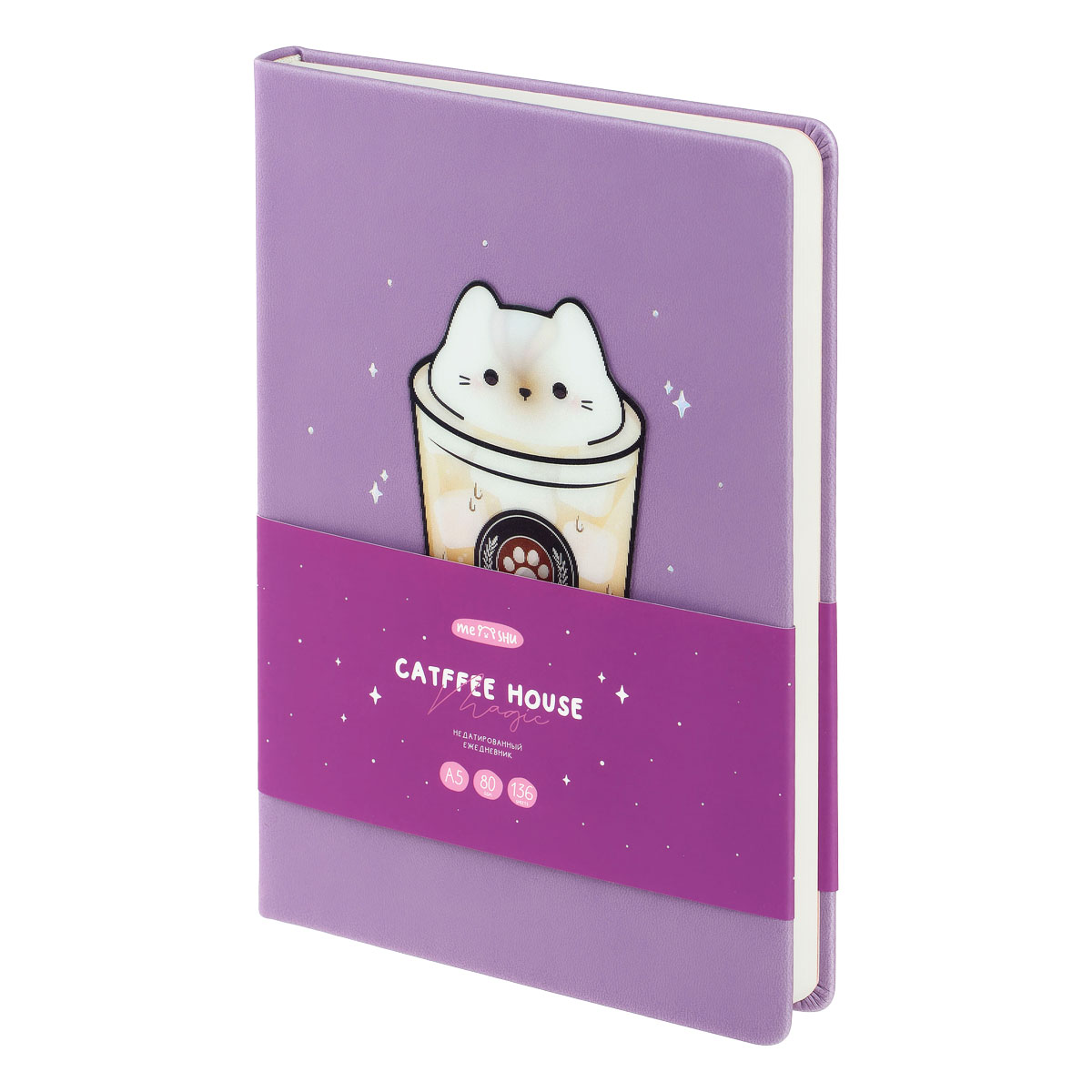 превью Ежедневник недатированный A5, 136л., кожзам, MESHU «Magic. Catffee house», тон. блок, аппликация с анимированным изображением, закладка-ляссе