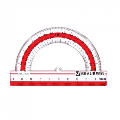 Транспортир BRAUBERG, 10 см, 180 градусов, прозрачный, с выделенной шкалой, упаковка с европодвесом