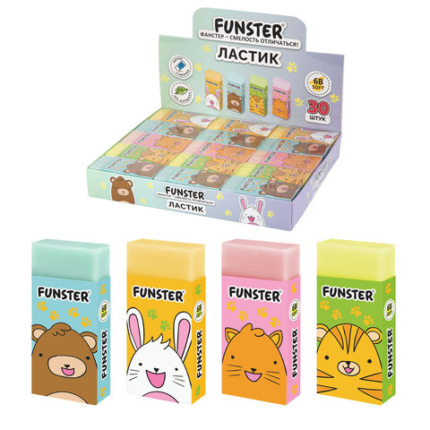 превью Ластик FUNSTER (ФАНСТЕР) «ANIMALS», 50×24х10 мм, прямоугольный, картонный держатель, экологичный ПВХ, ассорти