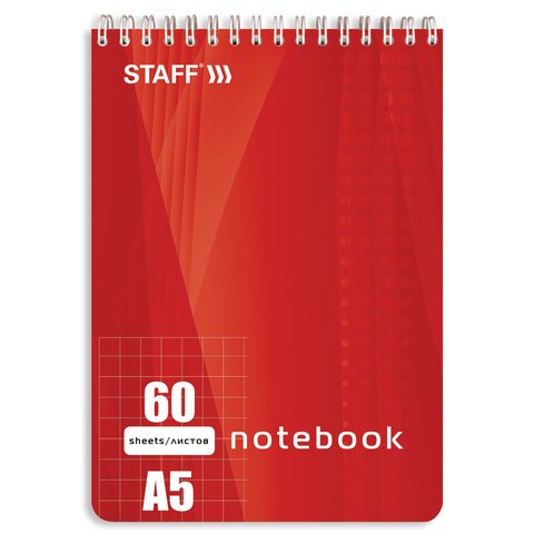 Блокнот А5, 60 л., гребень, жесткая подложка, клетка, STAFF, 4 вида, 146×206 мм