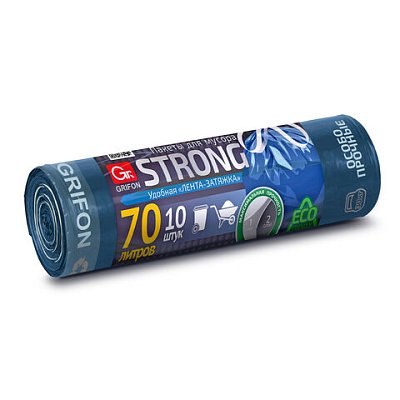 Мешки для мусора 70 л, синие, с ЗАВЯЗКАМИ, в рулоне 10 шт., ПВД, 60×78 см, 20 мкм, GRIFON