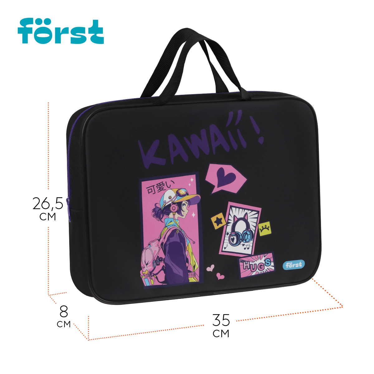 Папка текстильная с ручками 1 отделение, А4 Först «Kawaii», 350×265×80мм, текстиль, на молнии