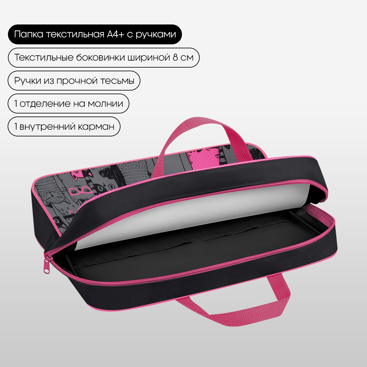 Папка текстильная с ручками 1 отделение, А4 Berlingo «Happy Cats», 350×265×80мм, текстиль, на молнии