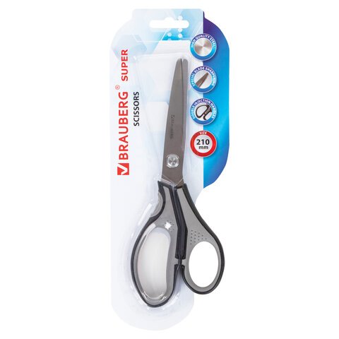 Ножницы BRAUBERG SUPER, 210 мм, серо-черные, 2-х сторонняя заточка