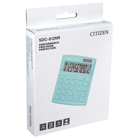Калькулятор настольный CITIZEN SDC-812NRGNE, КОМПАКТНЫЙ (124×102 мм), 12 разрядов, двойное питание, БИРЮЗОВЫЙ
