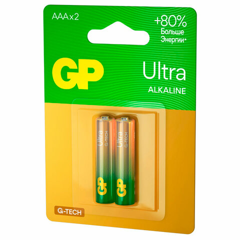 Батарейки КОМПЛЕКТ 2 шт., GP Ultra G-Tech, AAA (LR03, 24А), алкалиновые, мизинчиковые