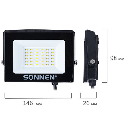 Прожектор светодиодный 30 Вт, 6500 К, 2400 Лм, IP65, 146×98x26 мм, черный, SONNEN