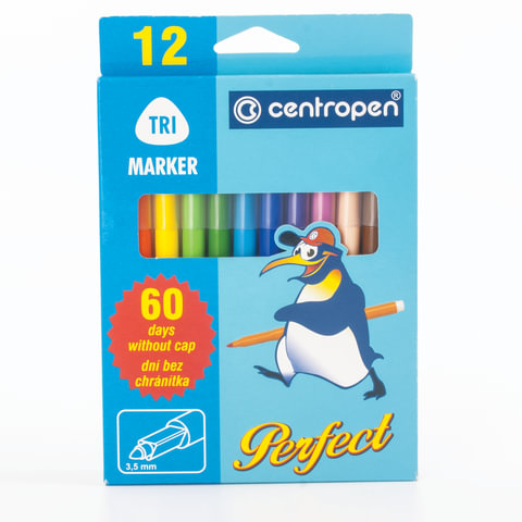 Фломастеры CENTROPEN «Perfect», 12 цветов, ширина линии 2-3 мм, смываемые, невысыхающие