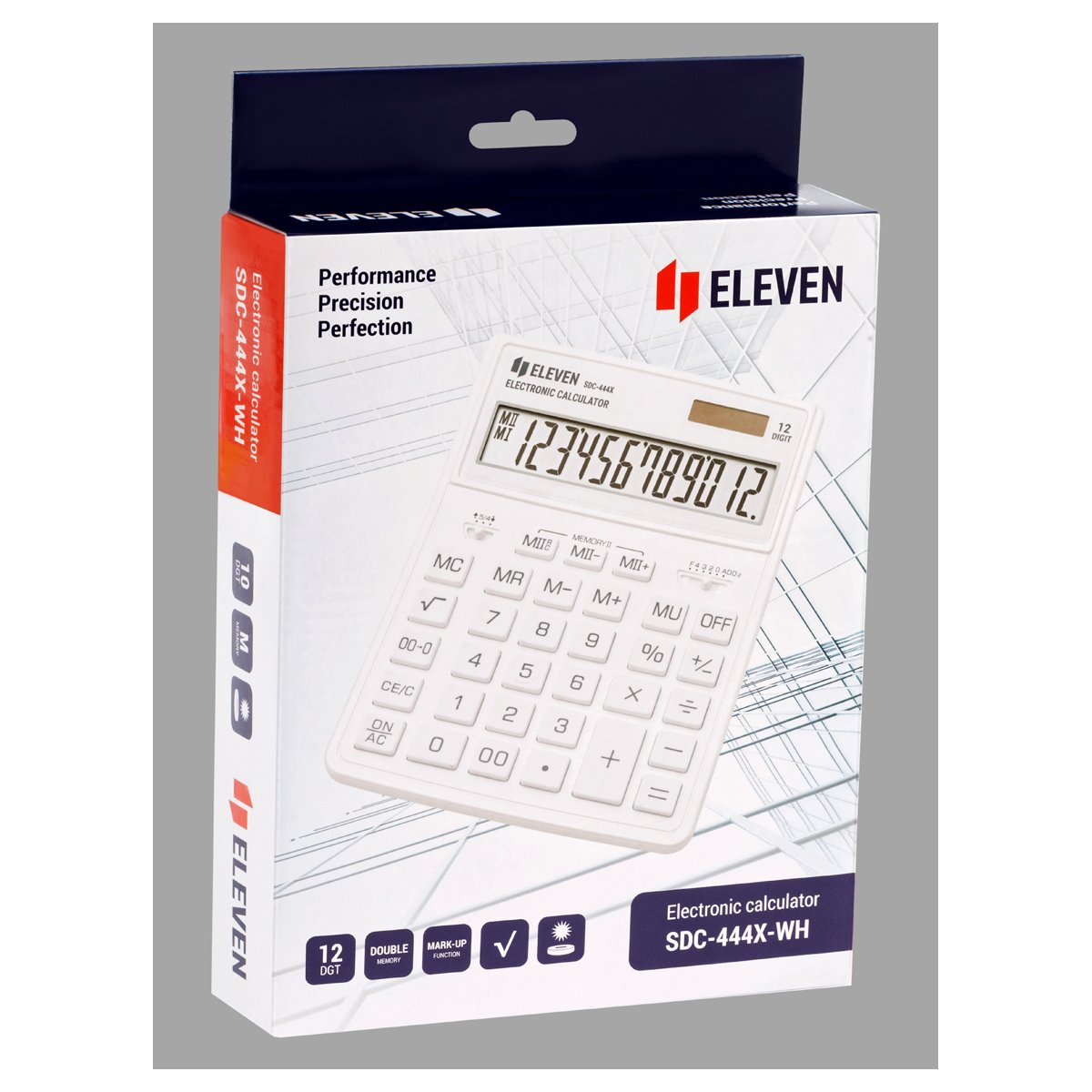 Калькулятор настольный Eleven SDC-444X-WH, 12 разрядов, двойное питание, 155×204×33мм, белый