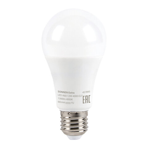 Лампа светодиодная SONNEN EXTRA, 12 (100) Вт, Е27, груша, нейтральный белый, 30000 ч, LED A60-12W-4000-Е27