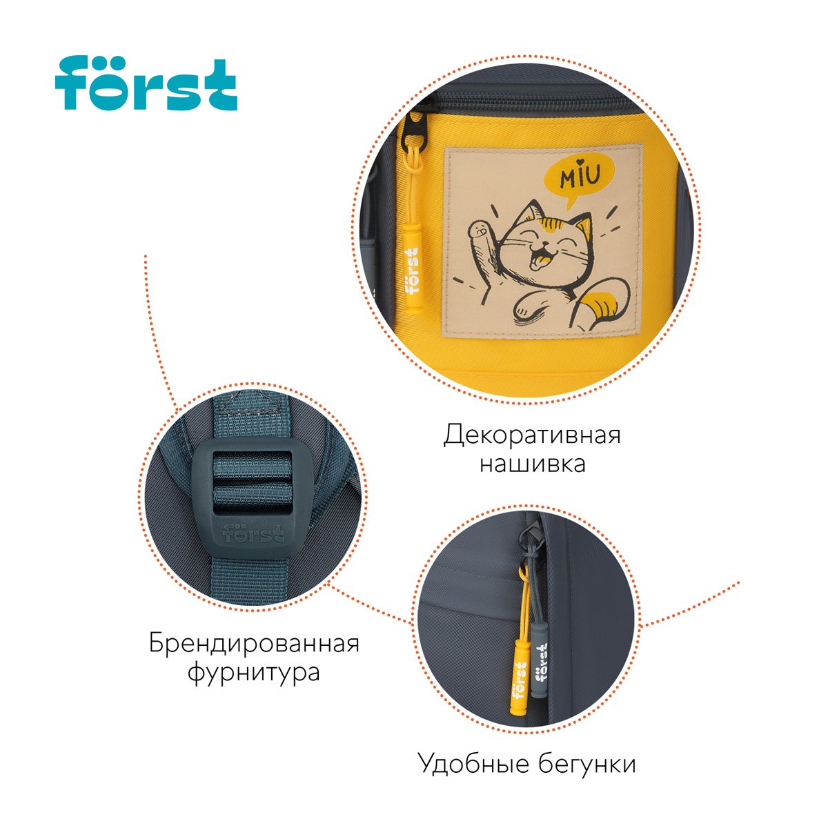 Рюкзак Först F-Teens «Hi, Cat! » 40×28×15см, 1 отделение, 7 карманов, уплотненная спинка