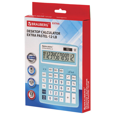 Калькулятор настольный BRAUBERG EXTRA PASTEL-12-LB (206×155 мм), 12 разрядов, двойное питание, ГОЛУБОЙ