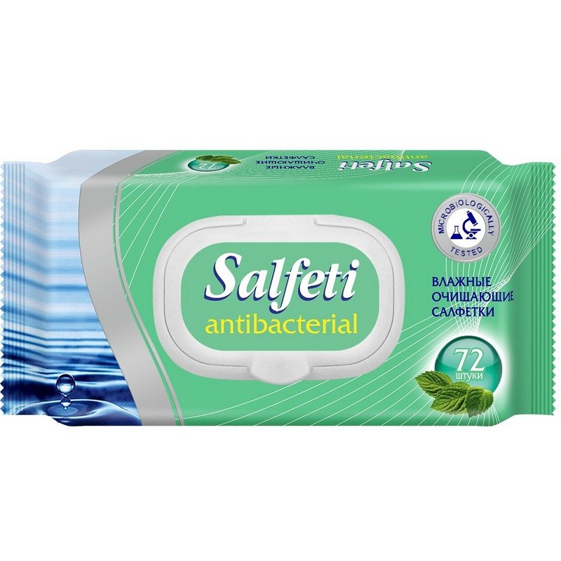 Салфетки влажные, 72 шт., SALFETI «Antibacterial», антибактериальные, крышка-клапан