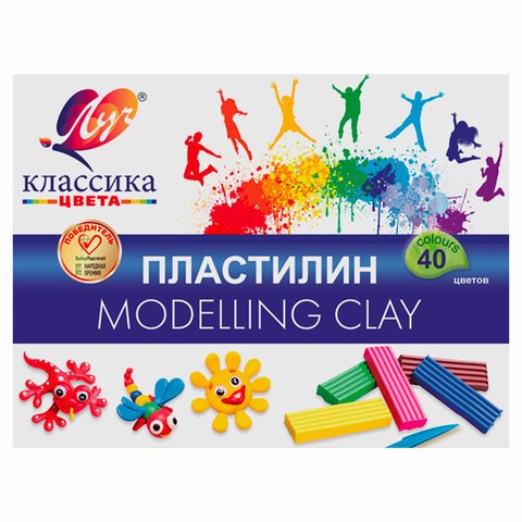 превью Пластилин классический ЛУЧ «Классика», 40 цветов, 800 г, со стеком, картонная упаковка