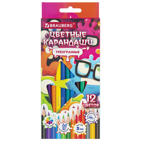 Карандаши цветные кросс-серия МОНСТРИКИ, 12 цветов, трехгранные, BRAUBERG