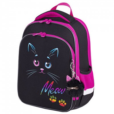 Ранец BRAUBERG QUADRO, 3 отделения, с брелоком, «Black cat», 37×28х18 см