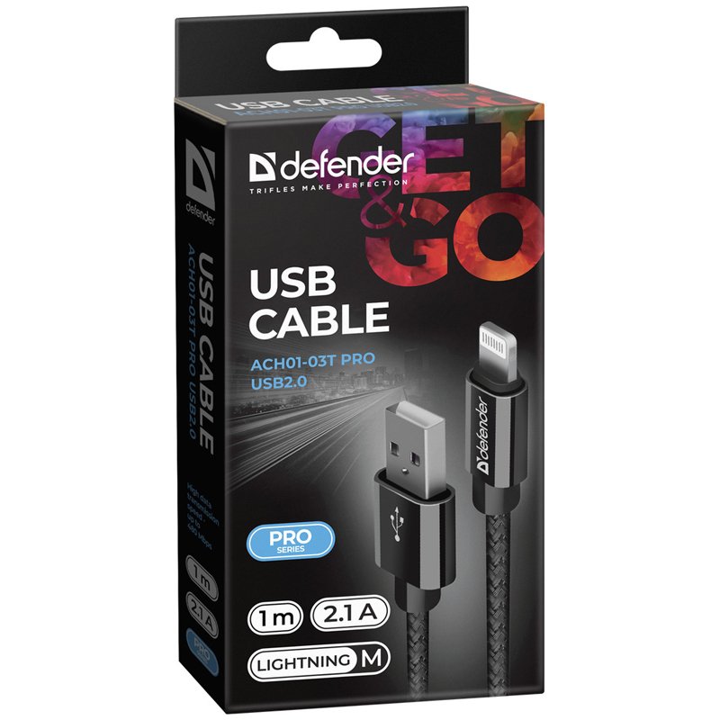 Кабель Defender ACH01-03T PRO USB(AM) - Lightning(M), для Apple, 2.1A output, в оплетке, 1м, черный