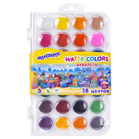Краски акварельные ЮНЛАНДИЯ «ДОМИКИ», 28 цветов, круглые кюветы 28 мм, пенал