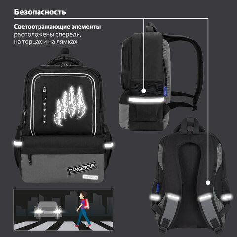 Рюкзак BRAUBERG STAR, 1 отделение, 5 карманов, «Claws», черный, 40×29x13 см