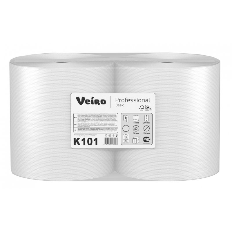 Полотенца бумажные рулонные VEIRO (Система A1, A2), комплект 6 шт., Basic, 180 м, белые, K101