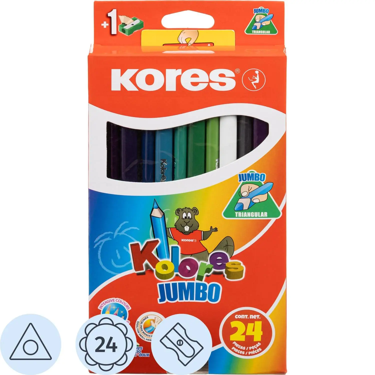 Карандаши цветные Kores Kolores Jumbo 24 цвета трехгранные с точилкой