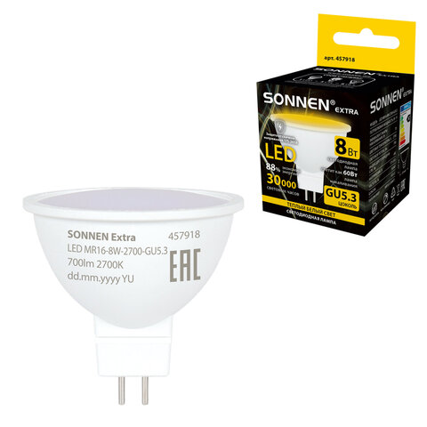 превью Лампа светодиодная SONNEN EXTRA, 8 (70) Вт, GU5.3, софит, теплый белый, 30000 ч, LED MR16-GU5.3-8W-2700