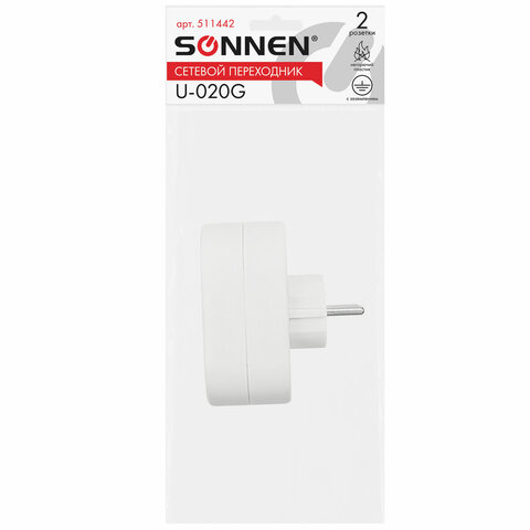 Сетевой переходник SONNEN U-020G, 2 розетки, с заземлением, 16 А, 511442