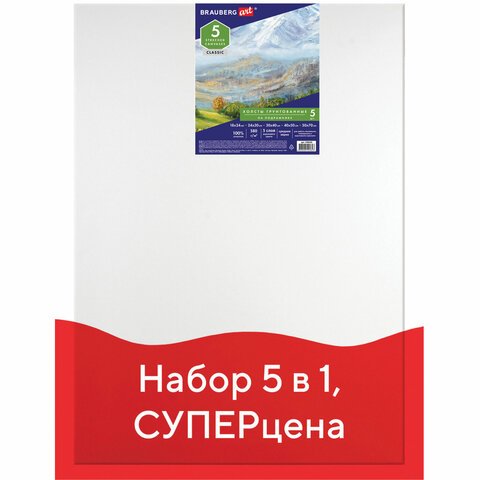 Холсты на подрамнике BRAUBERG ART «CLASSIC», набор 5 шт., грунтованные, 100% хлопок, среднее зерно