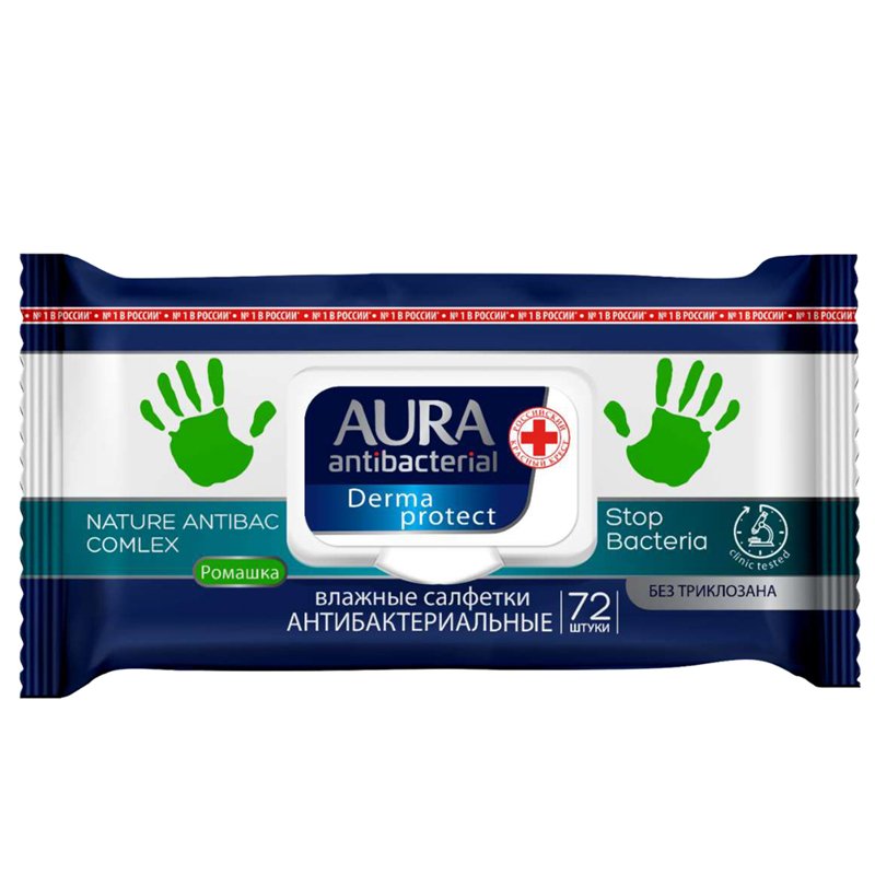 Салфетки влажные AURA «Antibacterial», 72 шт., антибактериальные, «Стикер рука»