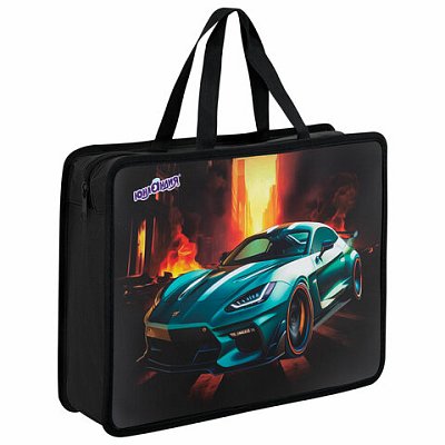 Папка на молнии с ручками ЮНЛАНДИЯ А4, 1 отделение, пластик, 80 мм, «Fire car»