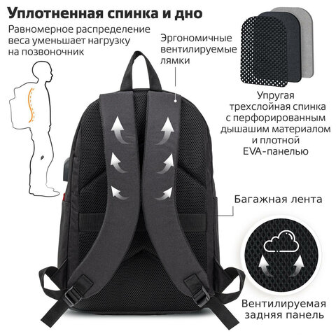 Рюкзак BRAUBERG URBAN универсальный с отделением для ноутбука, USB-порт, «Energy», черный, 44×31х14 см