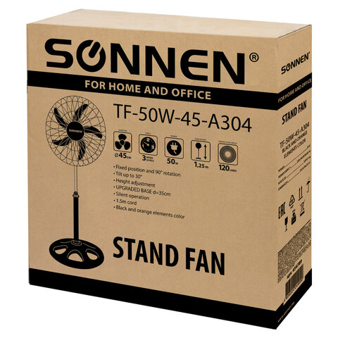 Вентилятор напольный, 3 режима, SONNEN, TF-50W-45-А304, d=45 см, 50 Вт, черный, 454789