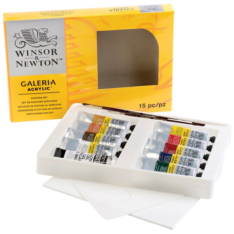Краски акриловые Winsor&Newton «Galeria», 9 цв., 60 мл/туба, доска, палитра, медиум для блеска, 2 кисти, картон. упак. 