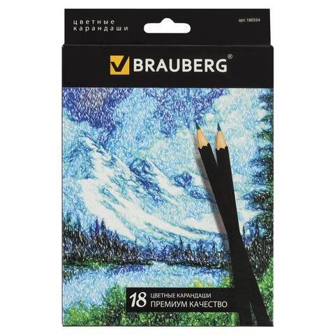 превью Карандаши цветные BRAUBERG, 18 цветов, черный корпус, заточенные, высшее качество, живопись