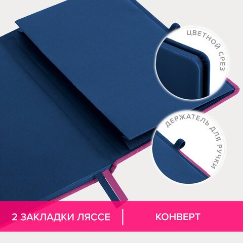 Блокнот А5 (148×218 мм), BRAUBERG «DUO», под кожу с резинкой, 80 л., клетка, синий/розовый