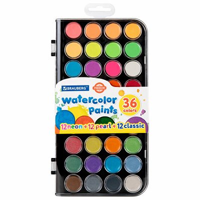 Краски акварельные BRAUBERG «PREMIUM» 36 цветов (12 базовых + 12 неоновых + 12 металлик) пенал
