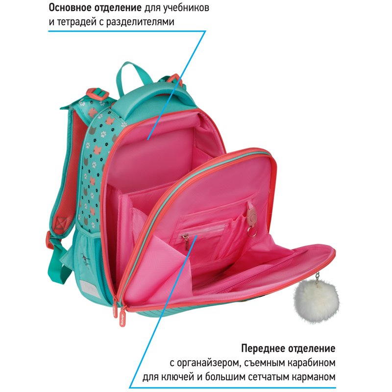 Ранец Berlingo Expert Max «Kittens green» 37×28×16см, 2 отделения, анатомическая спинка, дождевик в комплекте