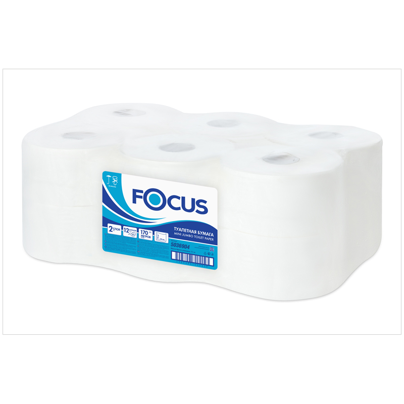 Бумага туалетная Focus Mini Jumbo, 2 слойн, 170 м/рул, тиснение, белая