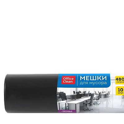 Мешки для мусора 480л OfficeClean ПВД, 130×170см, 70мкм, 10шт., прочные, черные, в рулоне