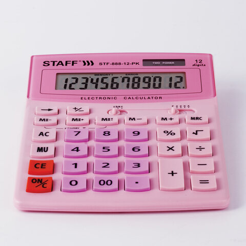 Калькулятор настольный STAFF STF-888-12-PK (200×150 мм) 12 разрядов, двойное питание, РОЗОВЫЙ, 250452