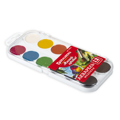 Краски акварельные BRAUBERG, 12 цветов, медовые, без кисти, пластиковая коробка, европодвес