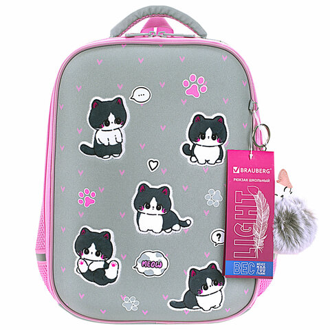 Ранец BRAUBERG LIGHT, 1 отделение, с брелоком, «Cat patches», плюшевые нашивки, 36×26х13 см